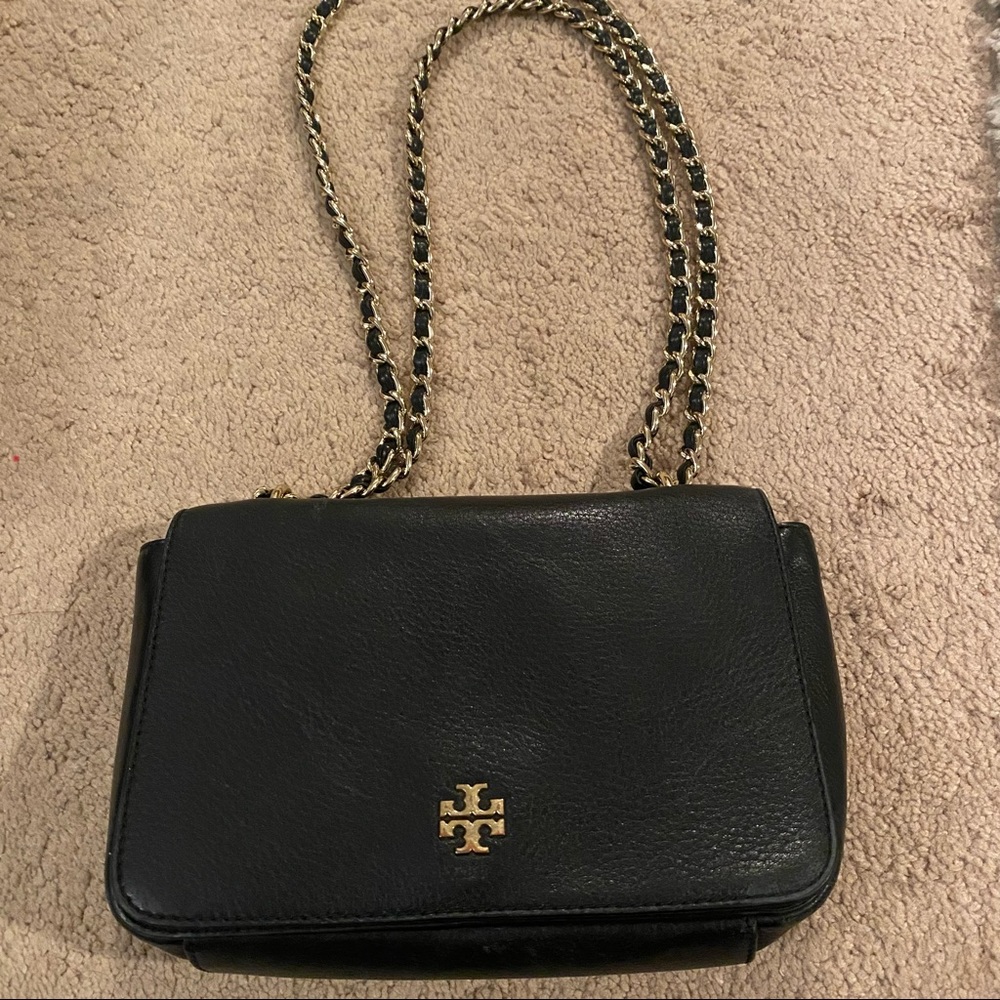 Black Leather Tory Burch Crossbody/Shoulder Bag with Braided Chain